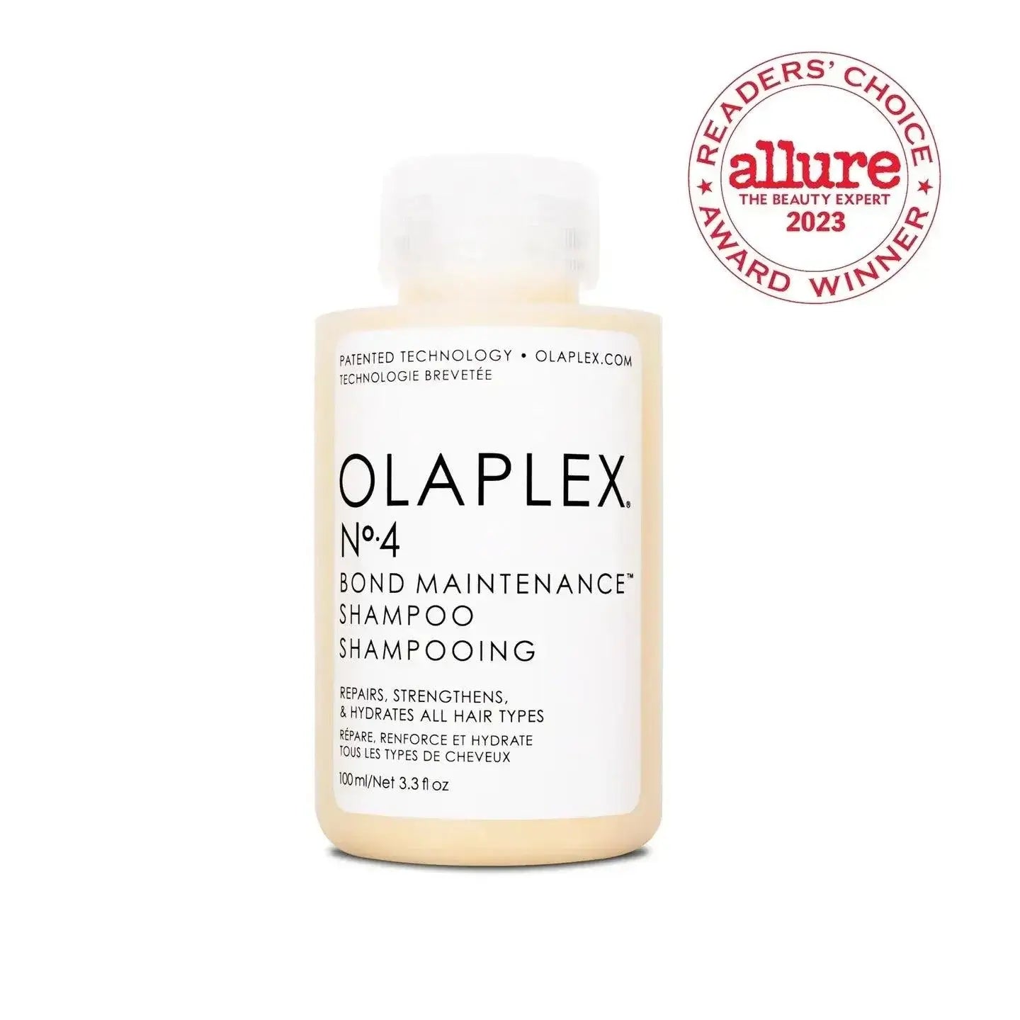 Olaplex Nº.4 Bond Maintenance Shampoo bottle with Allure award logo, ideal for repairing and hydrating damaged or treated hair.
