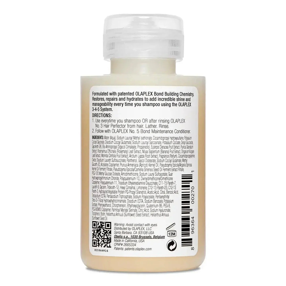 Back view of Olaplex Nº.4 Bond Maintenance Shampoo bottle showing ingredients and usage instructions.
