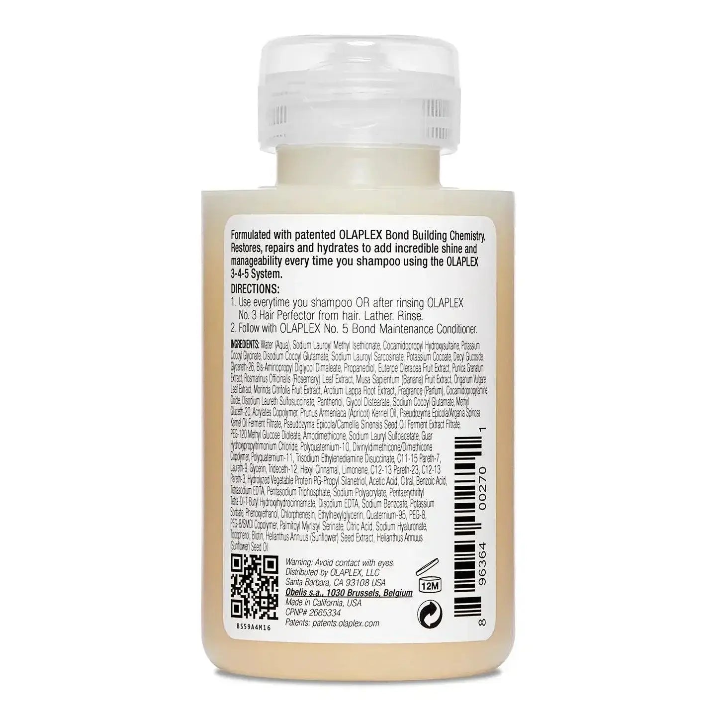 Back view of Olaplex Nº.4 Bond Maintenance Shampoo bottle showing ingredients and usage instructions.