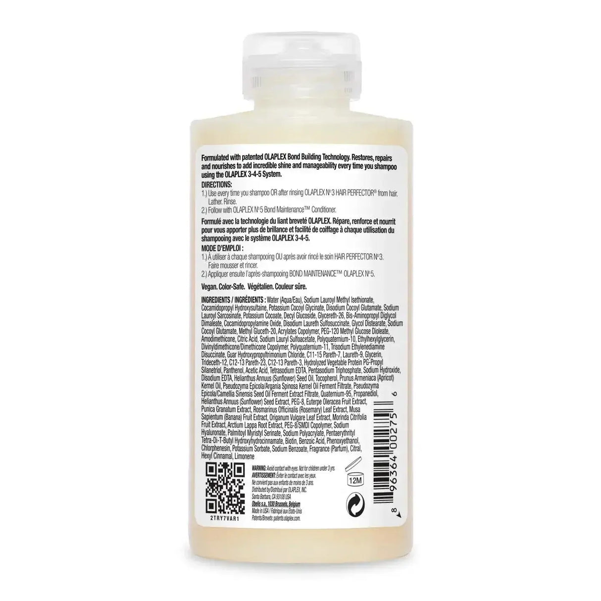 Olaplex Nº.4 Bond Maintenance Shampoo bottle back with ingredient list and usage instructions.