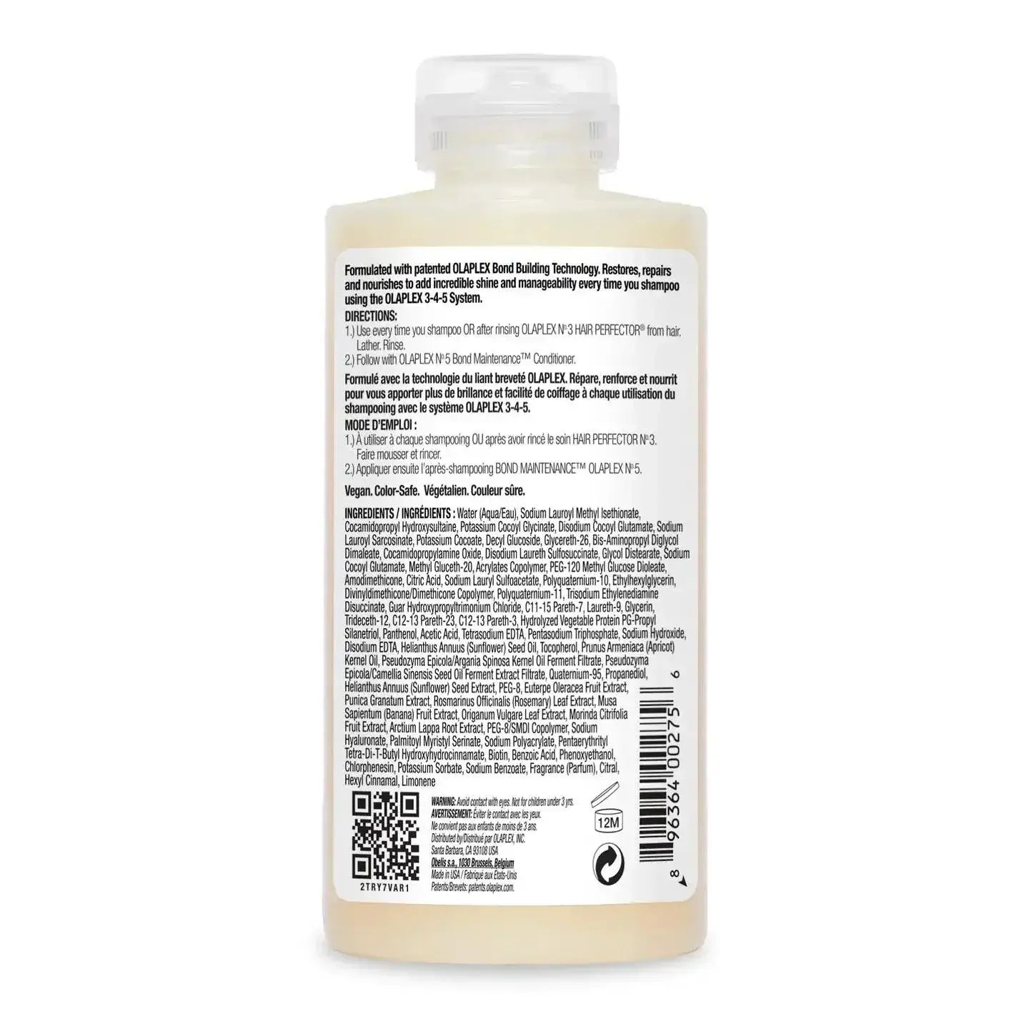 Olaplex Nº.4 Bond Maintenance Shampoo bottle back with ingredient list and usage instructions.