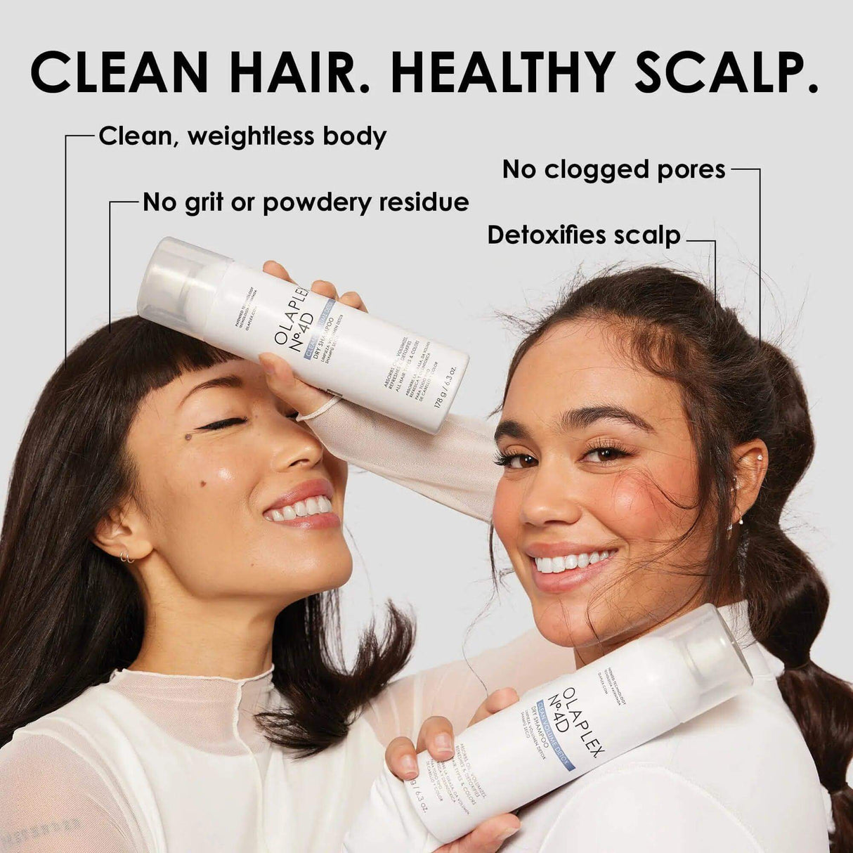Two women smiling, holding Olaplex No.4D Clean Volume Detox Dry Shampoo, emphasizing clean hair and a healthy scalp benefits.