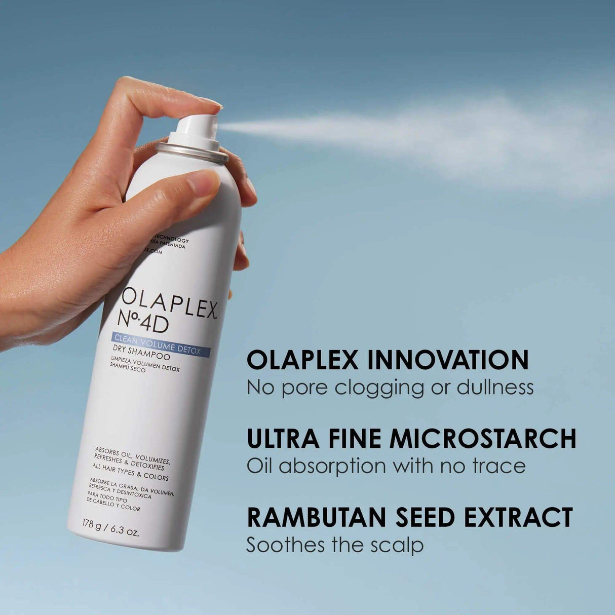 Hand holding Olaplex No.4D Clean Volume Detox Dry Shampoo with features and benefits text on the bottle.