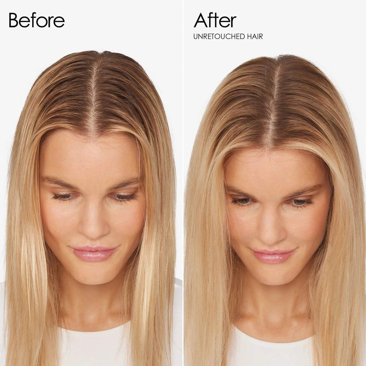 Before and after image showing results of using Olaplex No.4D Clean Volume Detox Dry Shampoo on oily roots, enhancing hair volume.