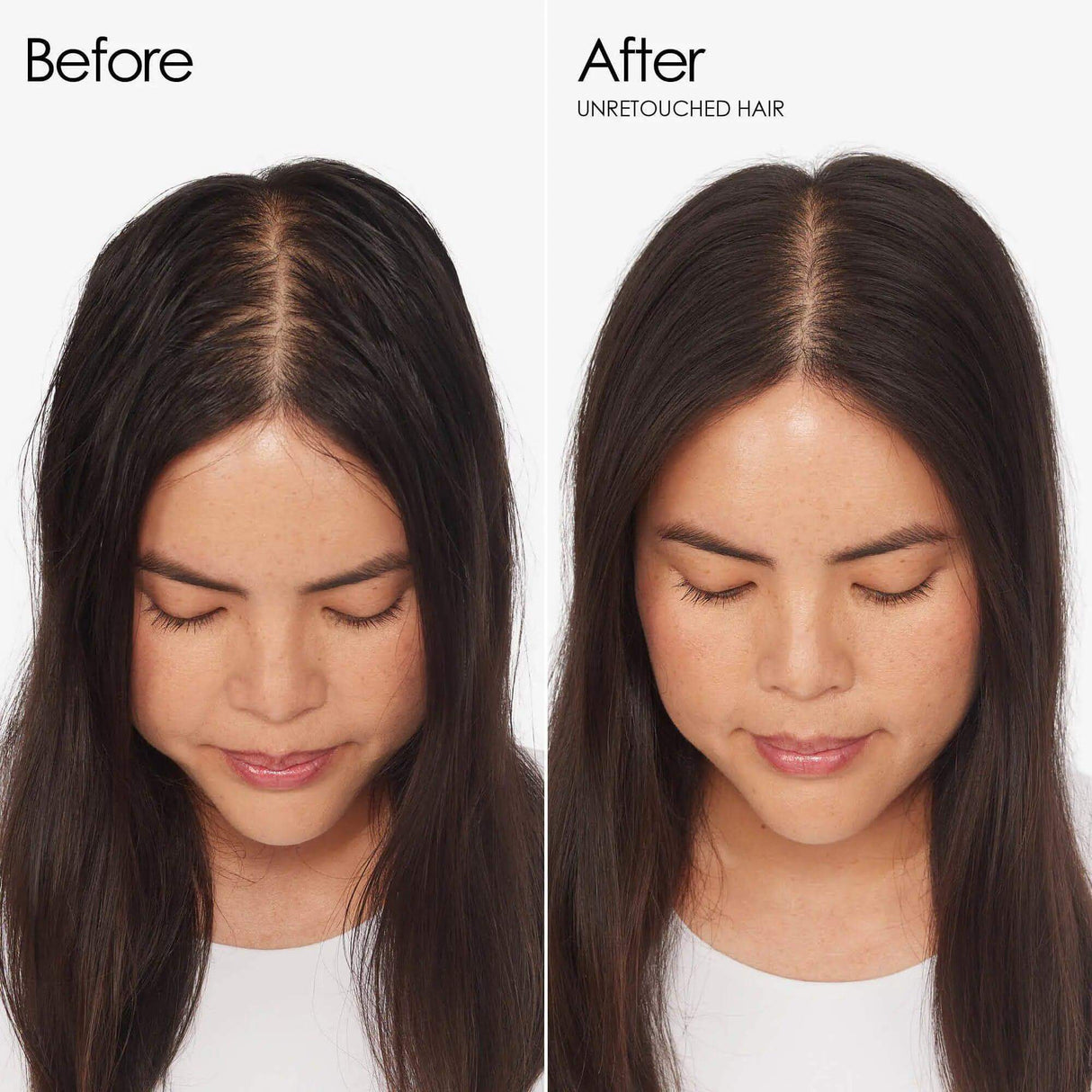 Before and after comparison of hair using Olaplex Nº.4D Clean Volume Detox Dry Shampoo, showing enhanced volume and cleanliness.