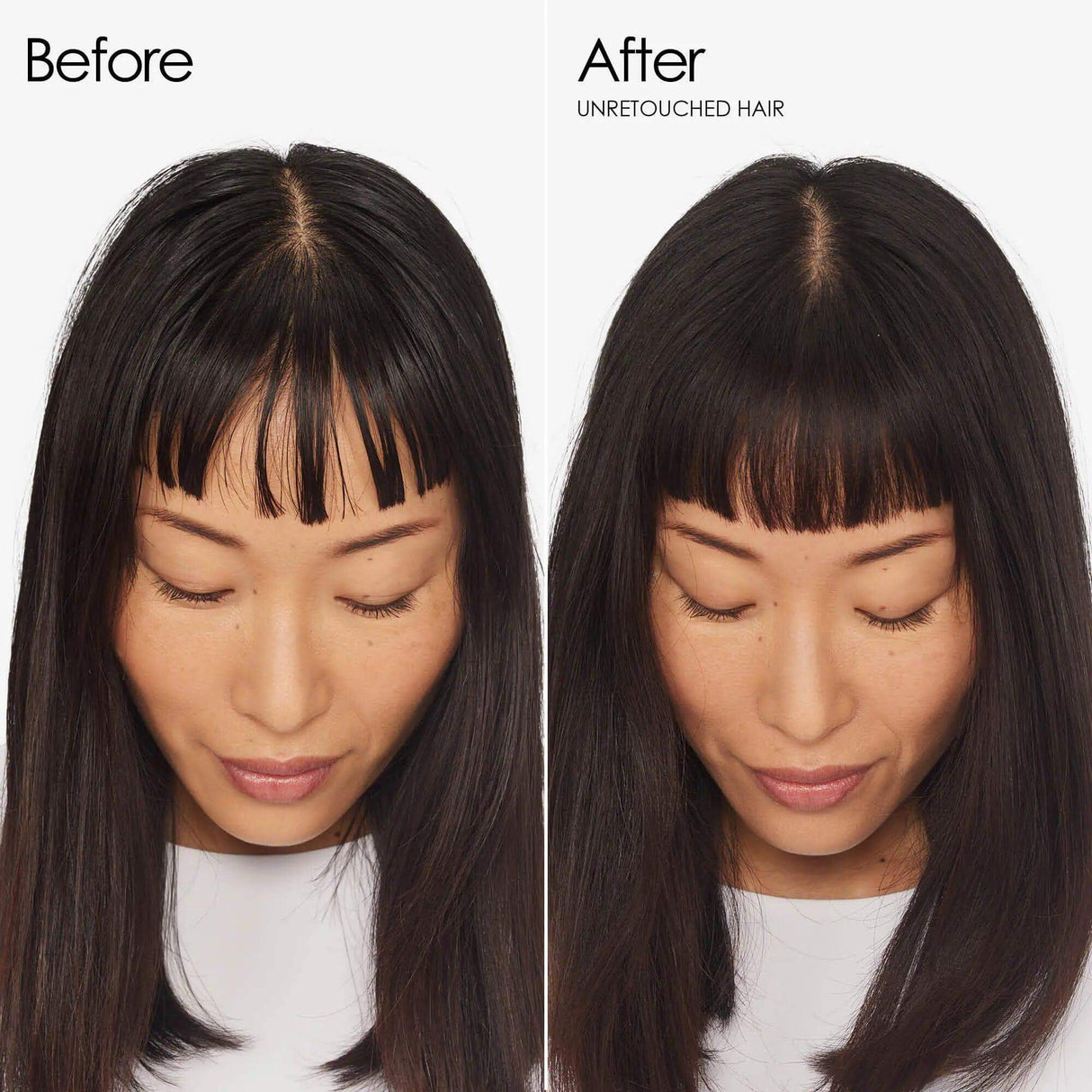 Before and after results using Olaplex Nº.4D Clean Volume Detox Dry Shampoo on dark hair, showing increased volume and reduced oiliness.