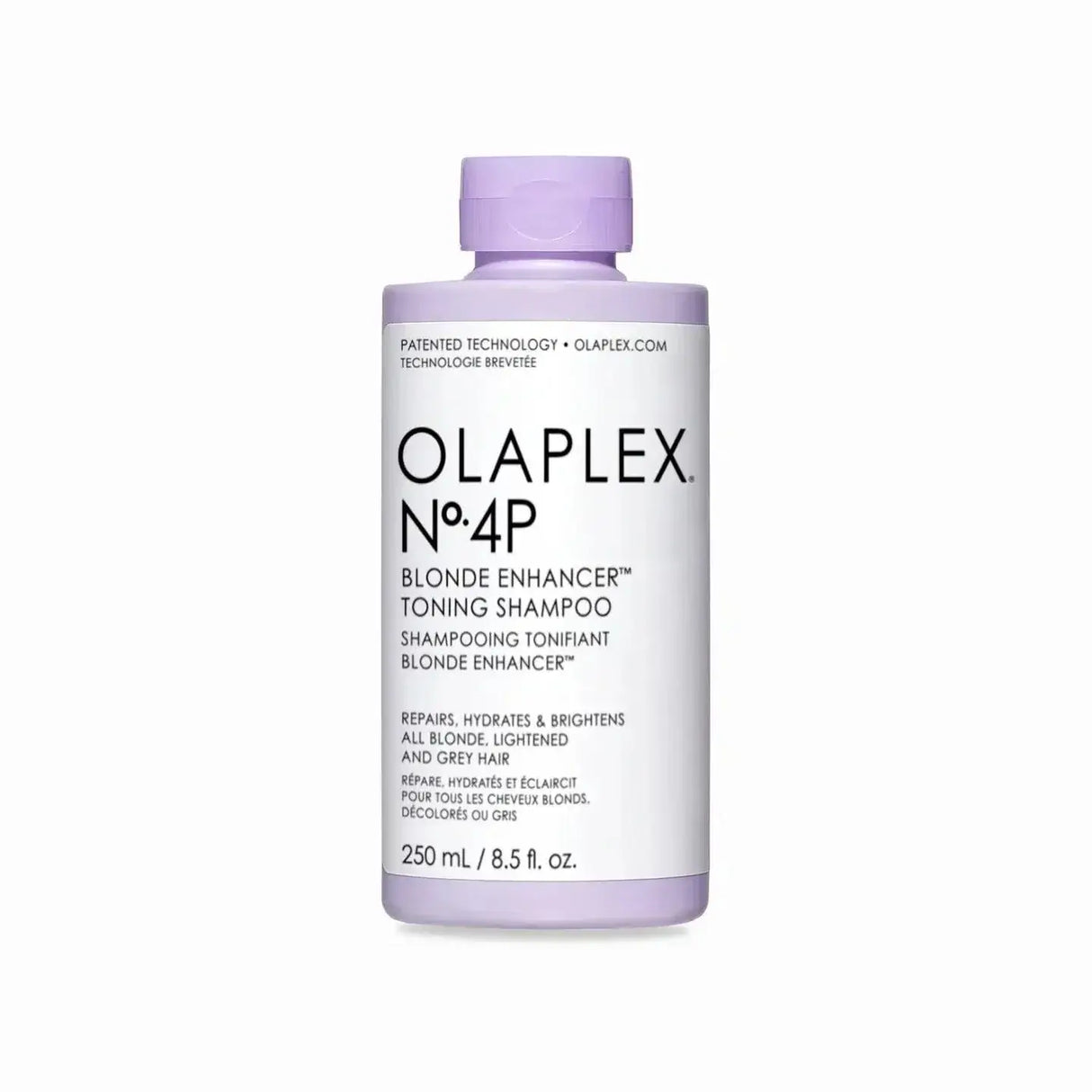 Nº.4P Blonde Enhancer Toning Shampoo by Olaplex, 250ml bottle, enhances blonde hair and removes brassy tones.