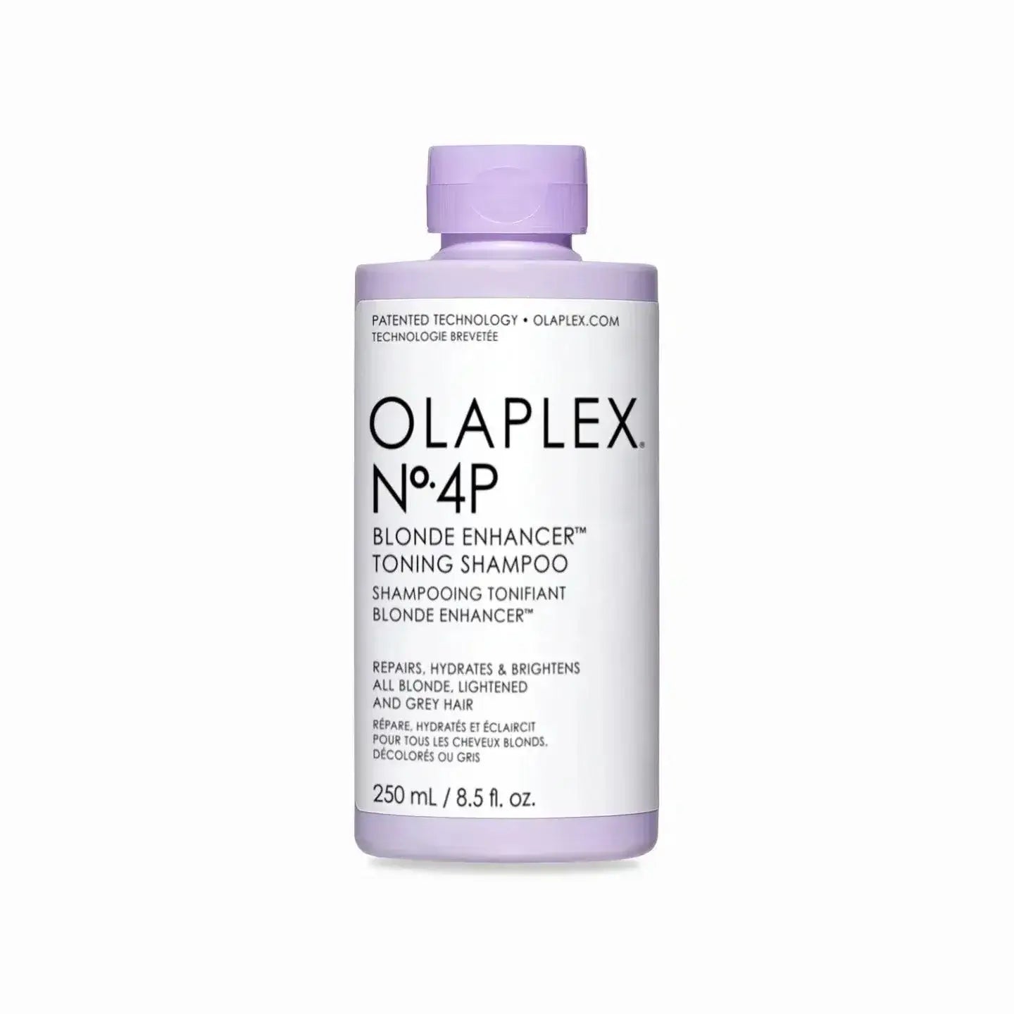 Nº.4P Blonde Enhancer Toning Shampoo by Olaplex, 250ml bottle, enhances blonde hair and removes brassy tones.