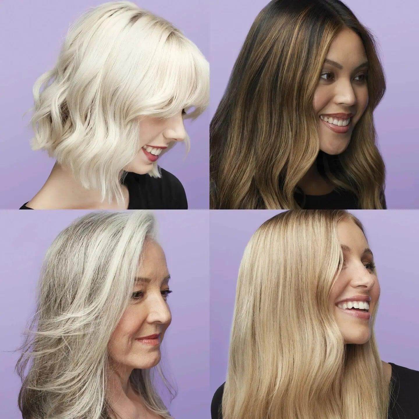 Collage of four women with diverse blonde hairstyles using Olaplex Nº.4P Blonde Enhancer Toning Shampoo, showcasing various hair textures.