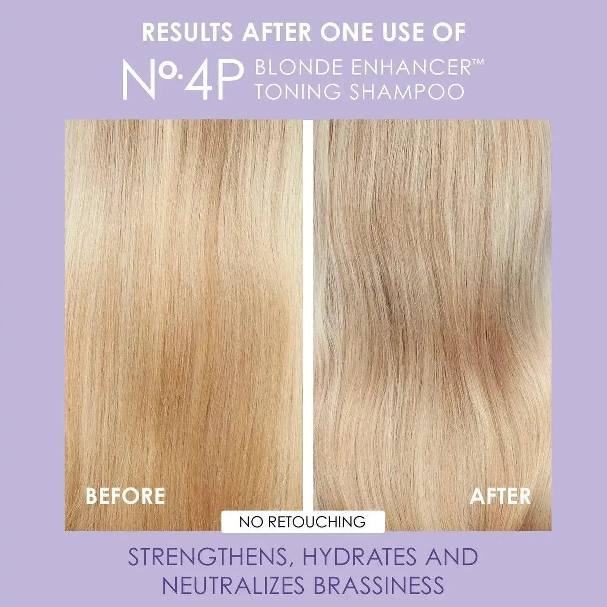 Olaplex Nº.4P Blonde Enhancer Toning Shampoo before and after results showing reduced brassiness and enhanced blonde.