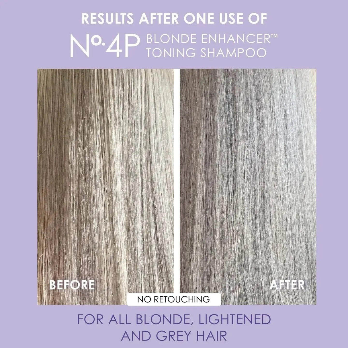 Before and after results of Olaplex Nº.4P Blonde Enhancer Toning Shampoo showing toned blonde hair.
