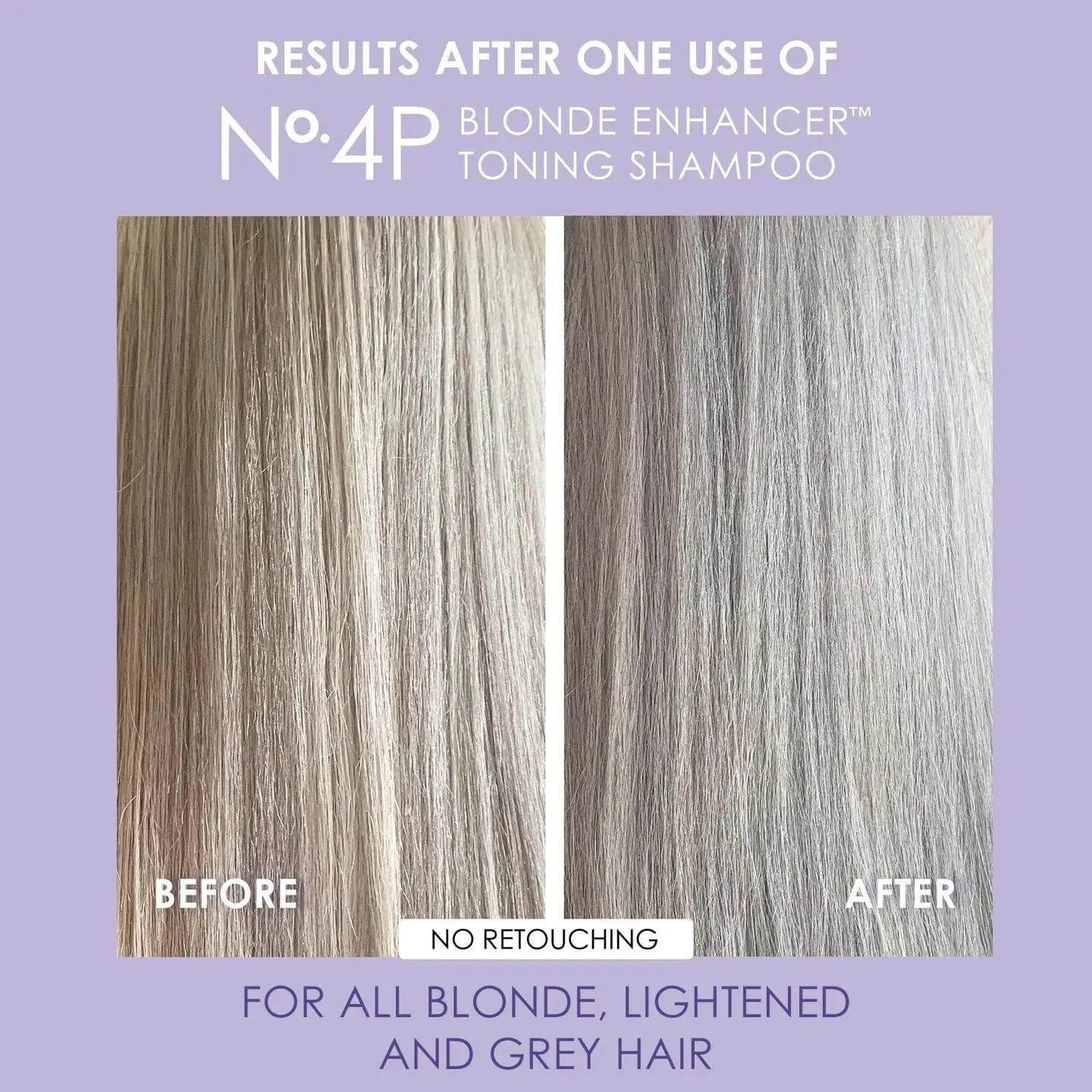Before and after results of Olaplex Nº.4P Blonde Enhancer Toning Shampoo showing toned blonde hair.