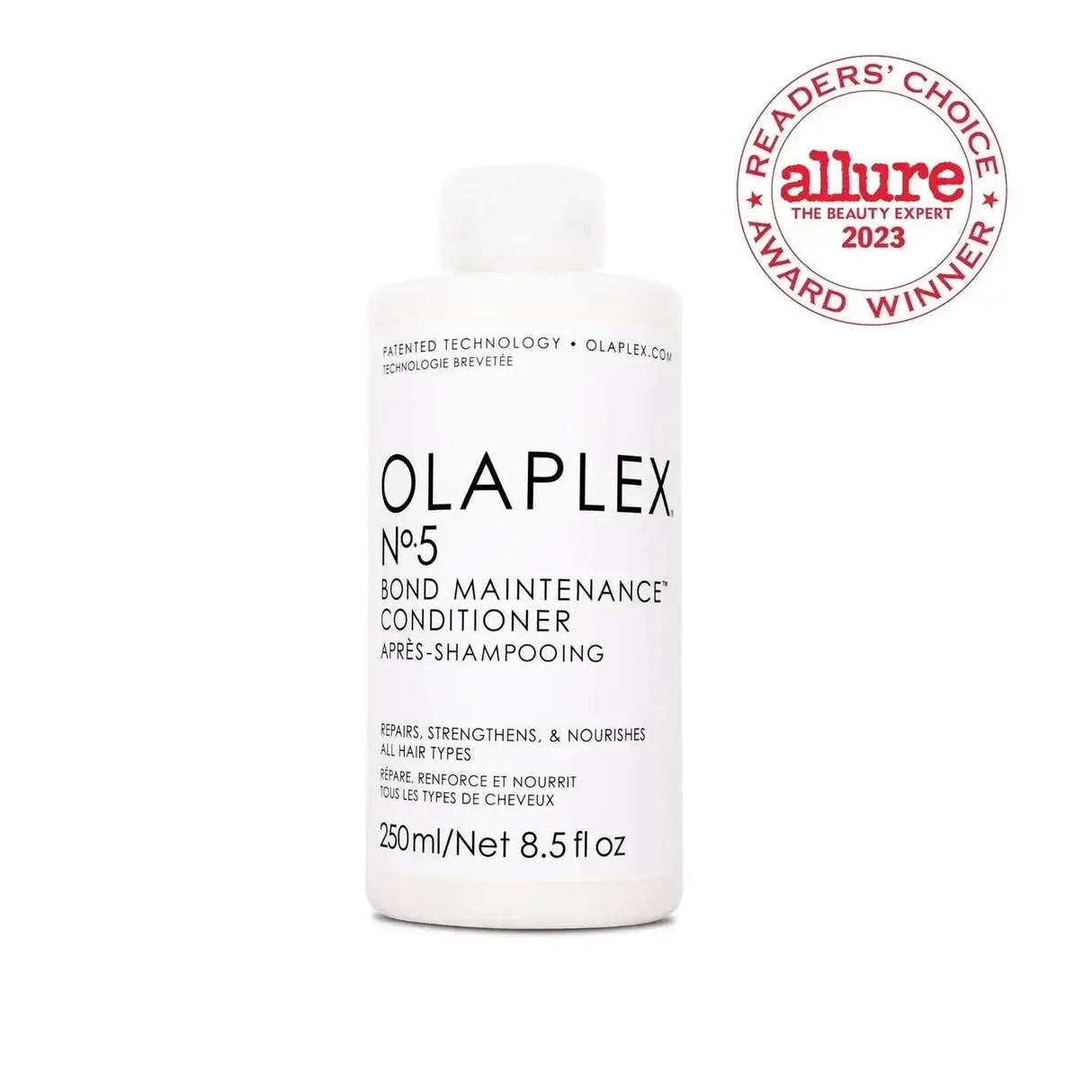 Olaplex Nº.5 Bond Maintenance Conditioner bottle with Allure award badge, ideal for nourishing and repairing damaged or treated hair.