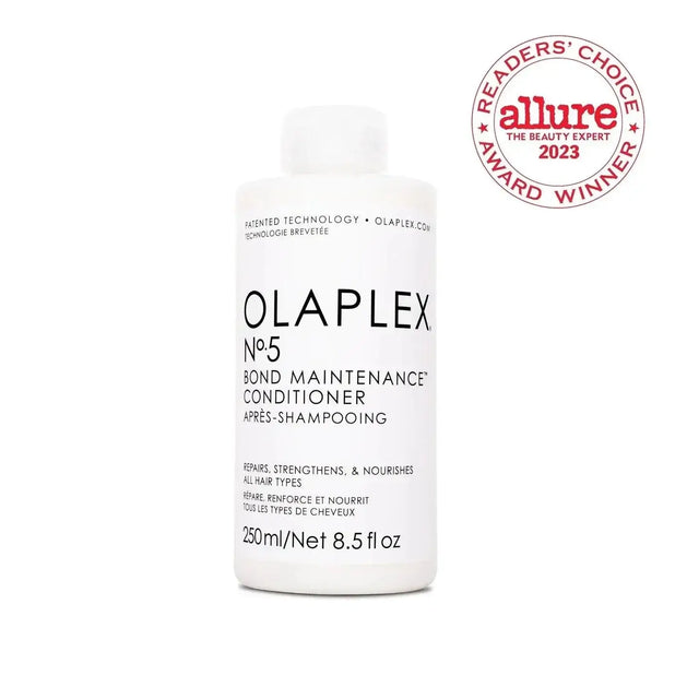 Olaplex Nº.5 Bond Maintenance Conditioner bottle with Allure award badge, ideal for nourishing and repairing damaged or treated hair.