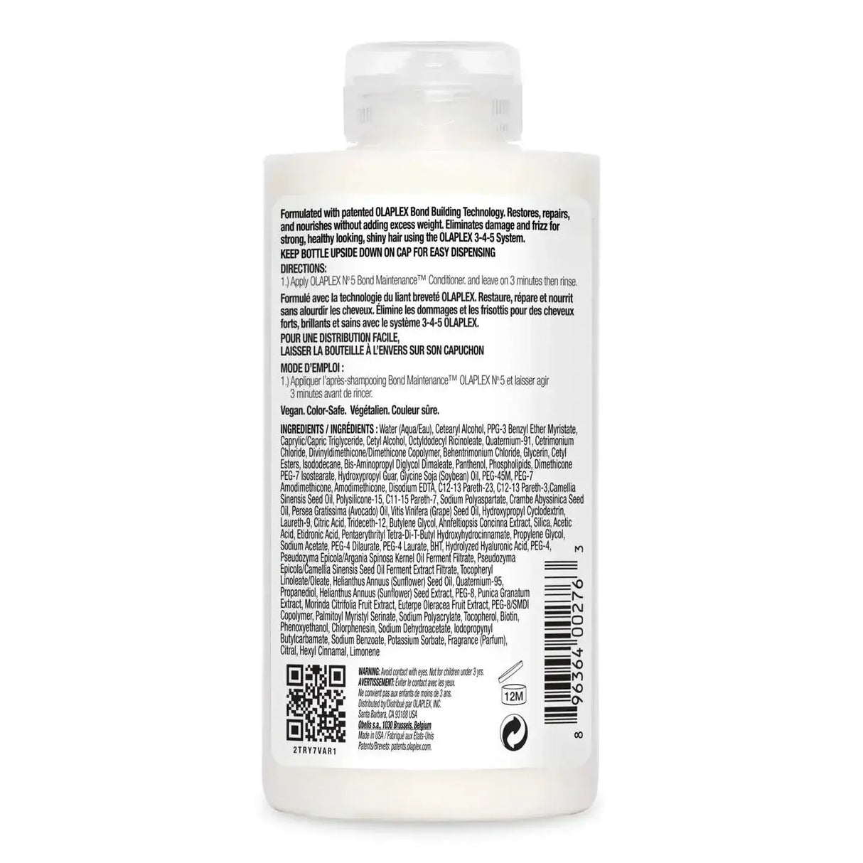 Back view of Olaplex Nº.5 Bond Maintenance Conditioner bottle showing product label and ingredients for hair care.