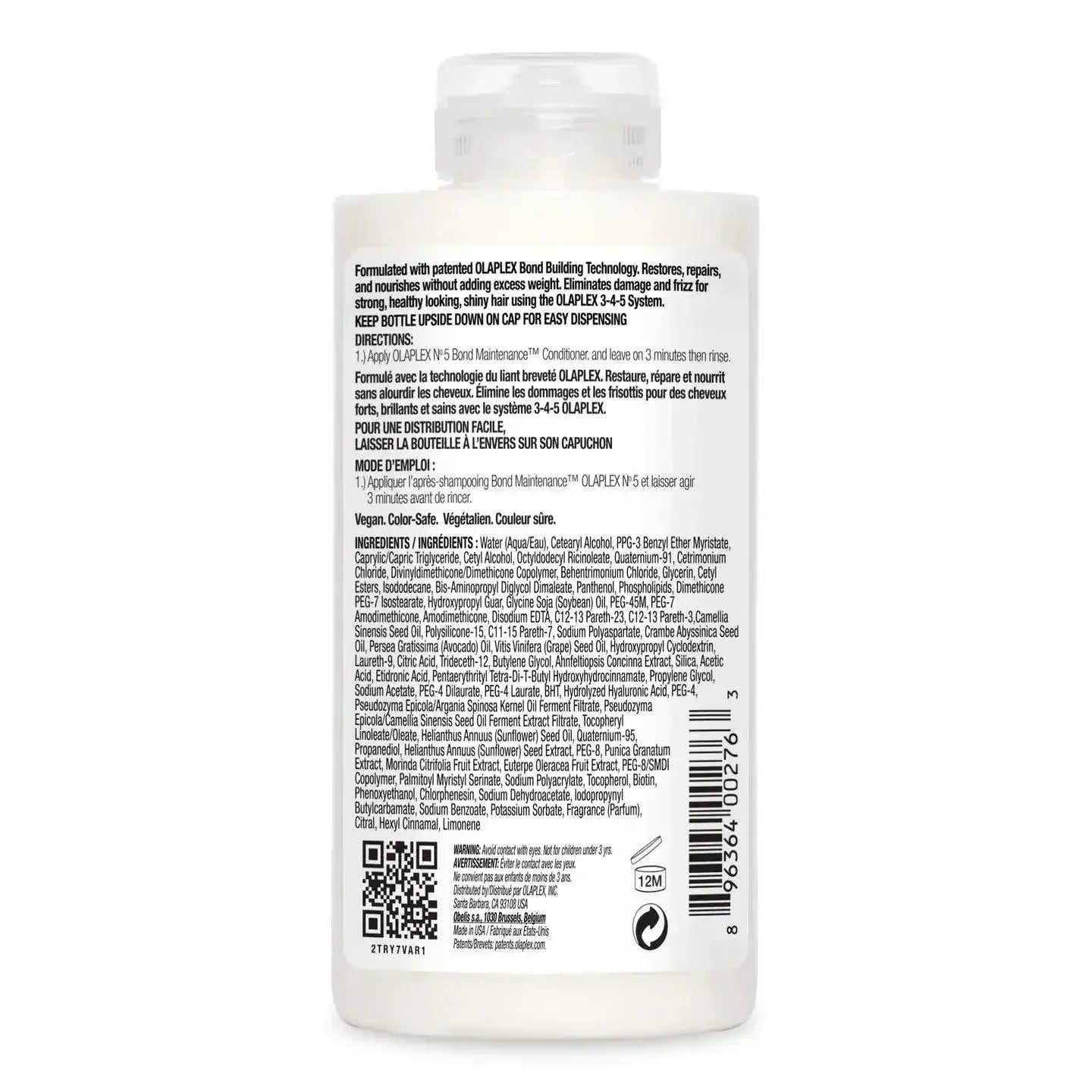 Back view of Olaplex Nº.5 Bond Maintenance Conditioner bottle showing product label and ingredients for hair care.