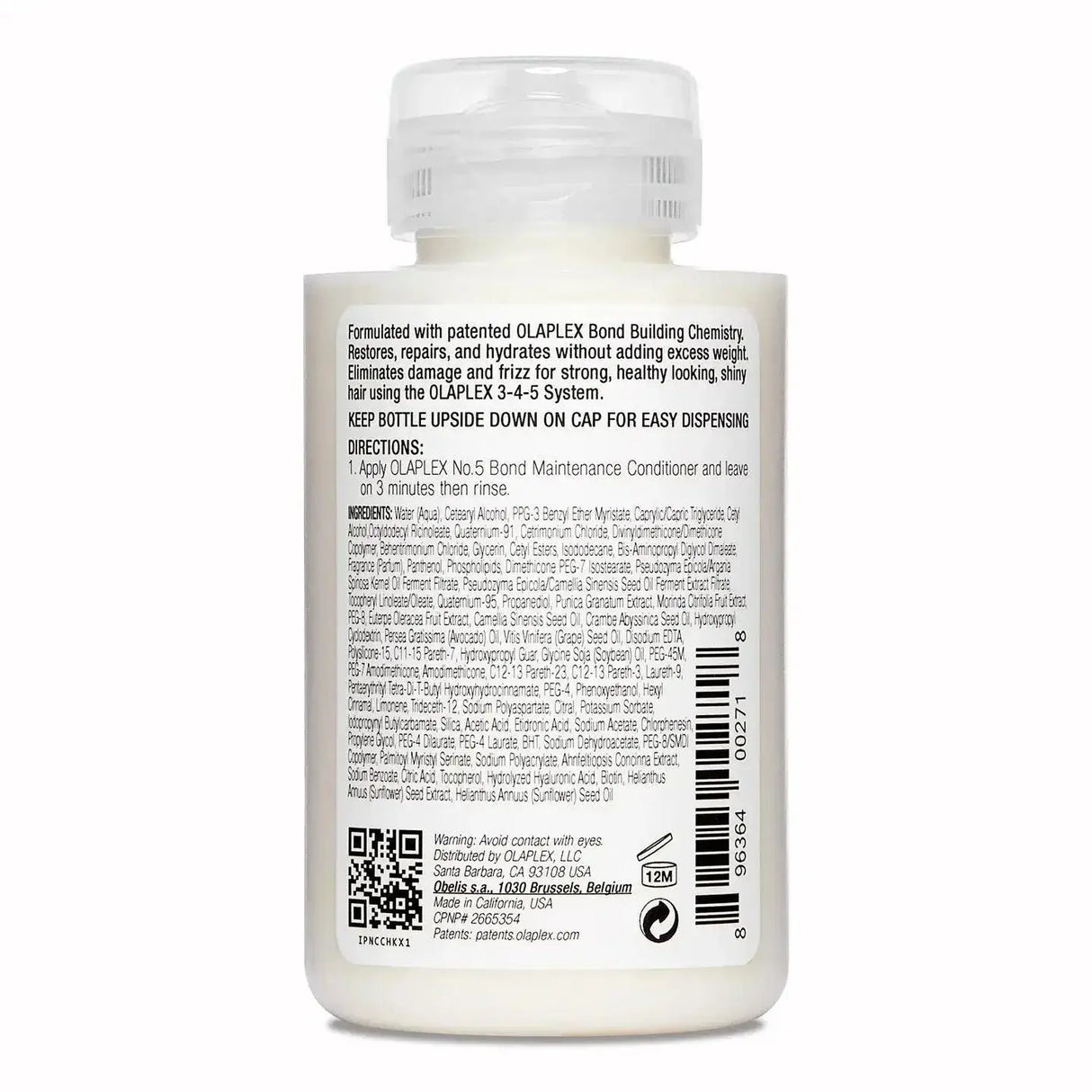 Back label of Olaplex Nº.5 Bond Maintenance Conditioner, detailing ingredients and usage instructions for hair care.