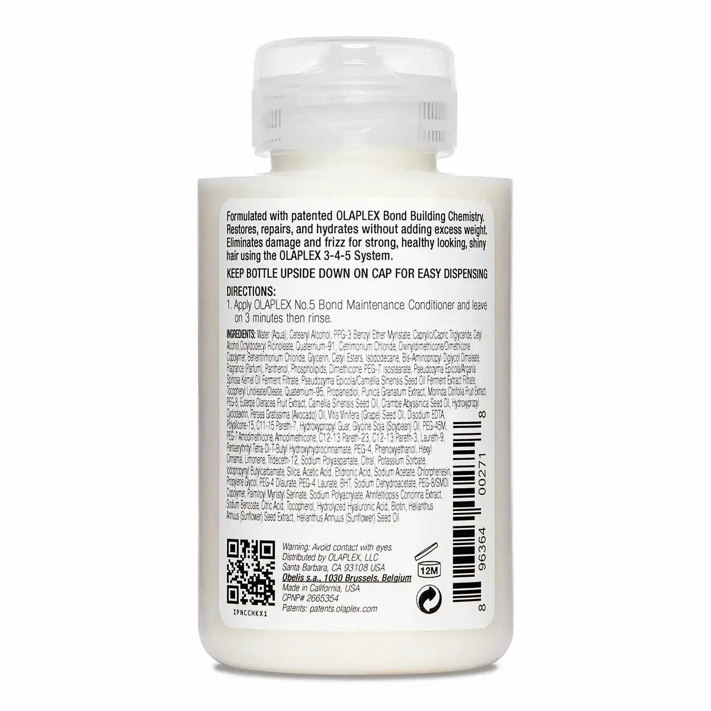 Back label of Olaplex Nº.5 Bond Maintenance Conditioner, detailing ingredients and usage instructions for hair care.