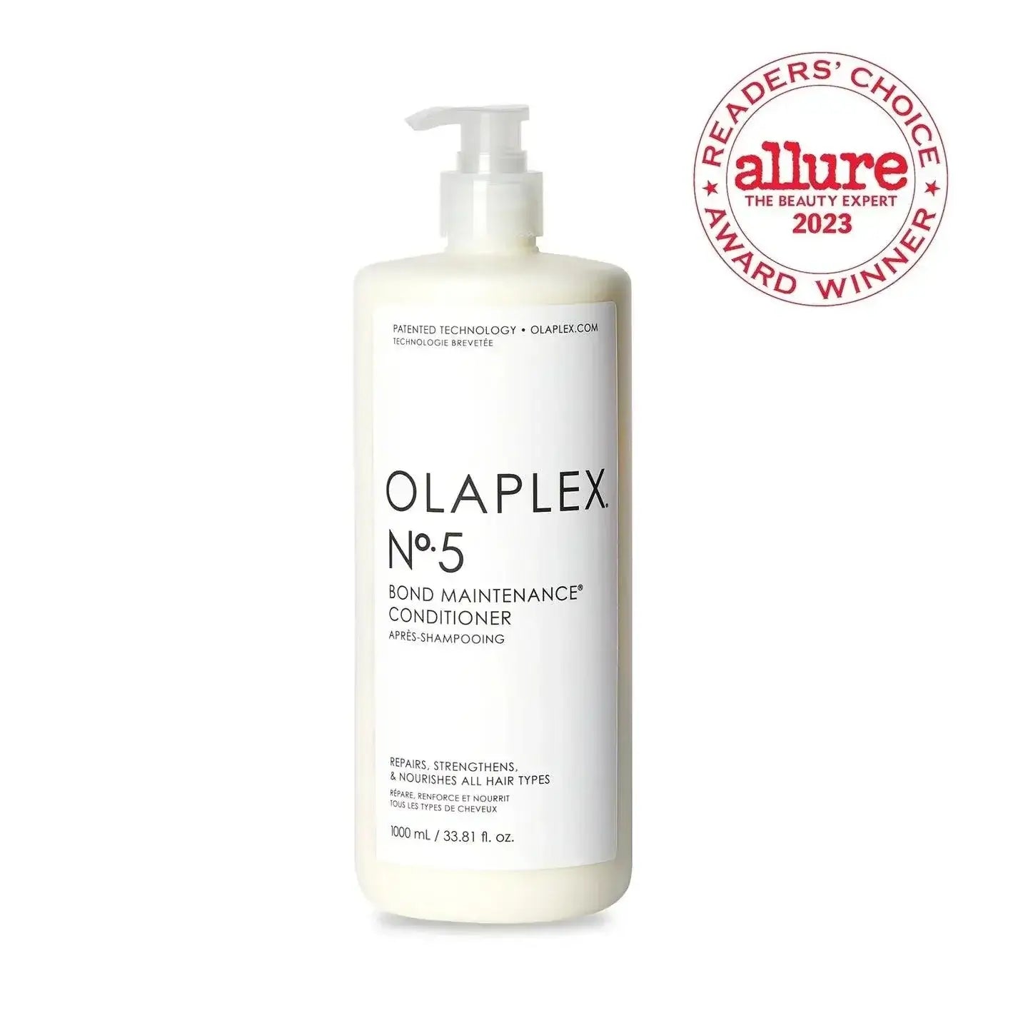 Olaplex Nº.5 Bond Maintenance Conditioner Liter bottle with Allure award stamp, designed to repair and strengthen damaged hair.