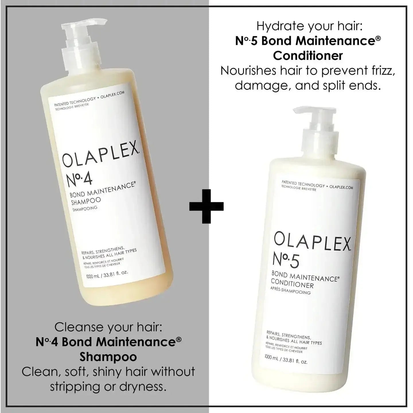 Olaplex Nº.5 Bond Maintenance Conditioner and Nº.4 Shampoo bottles for repairing damaged hair, preventing frizz, and split ends.
