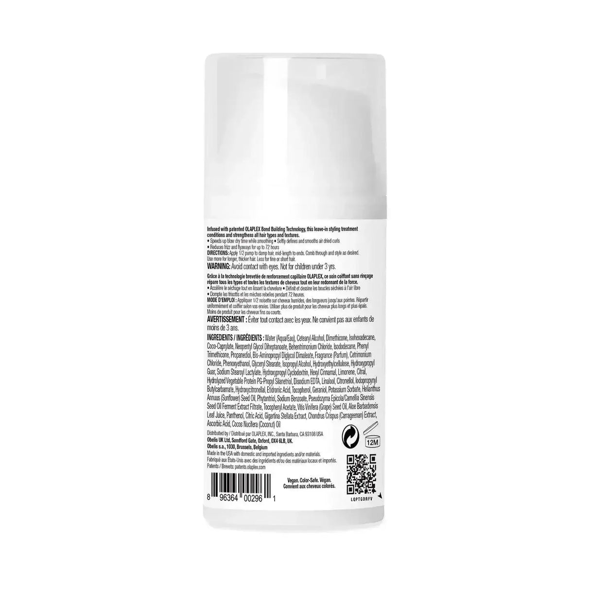 Back label of Olaplex Nº.6 Bond Smoother hair treatment bottle showing ingredients and instructions.