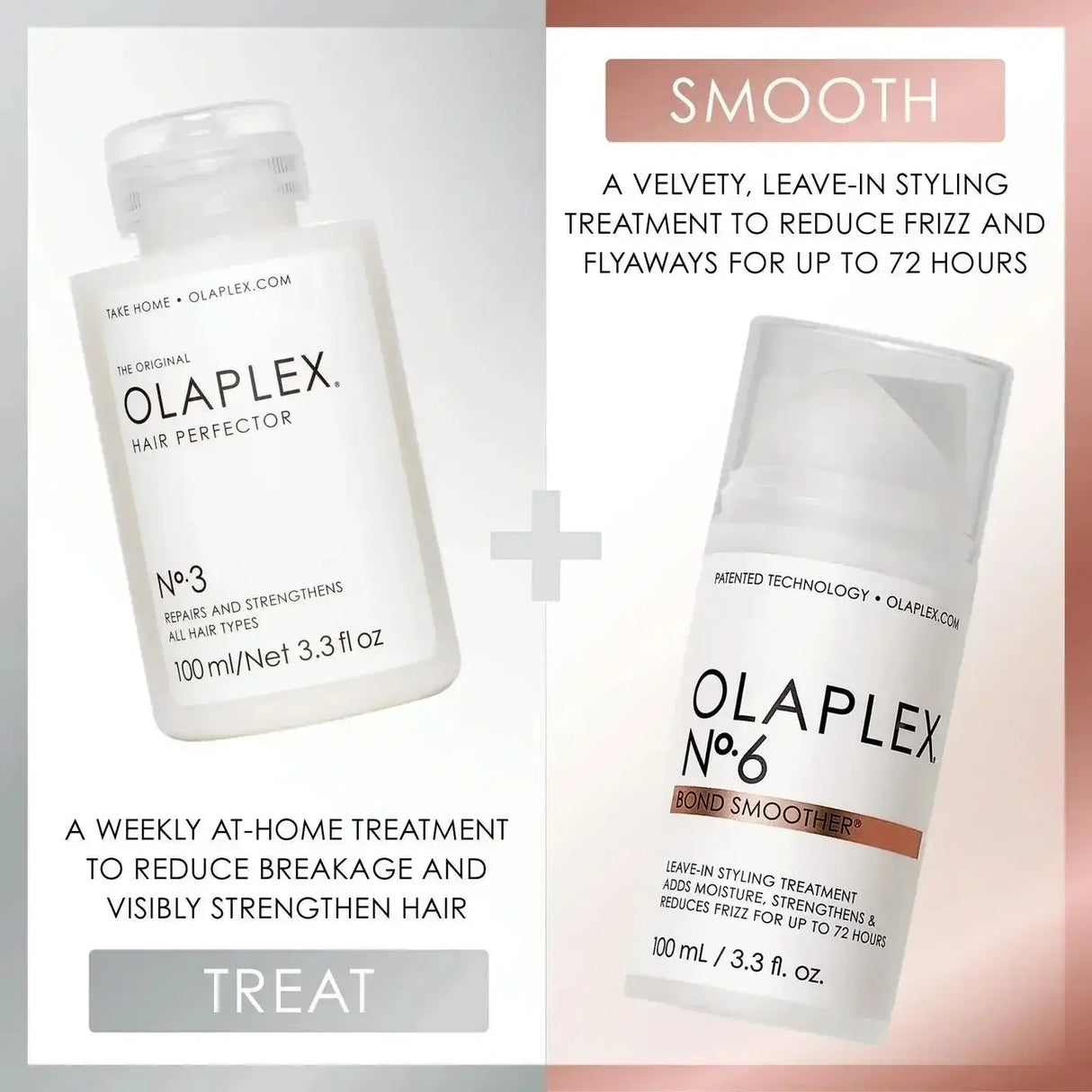 Olaplex hair care products No.3 Hair Perfector and No.6 Bond Smoother for reducing frizz and strengthening hair.