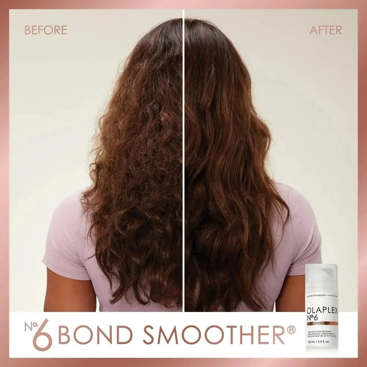 Before and after using Olaplex Nº.6 Bond Smoother, showing reduction in frizz and improved hair texture.