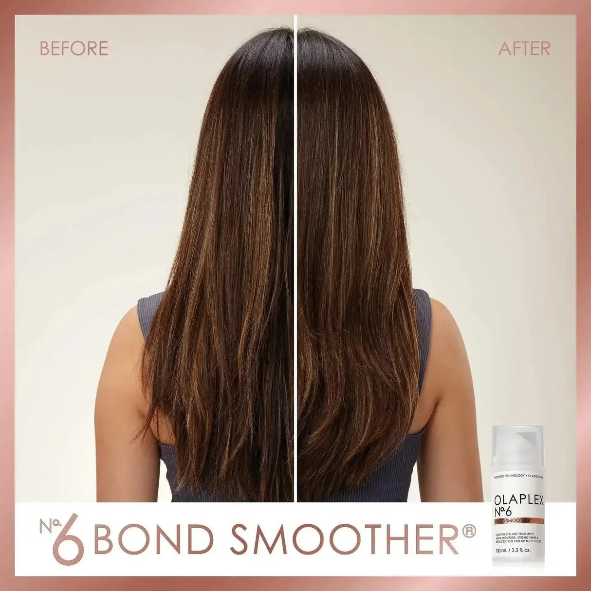 Comparison of hair before and after using Olaplex Nº.6 Bond Smoother, highlighting reduced frizz and improved texture.