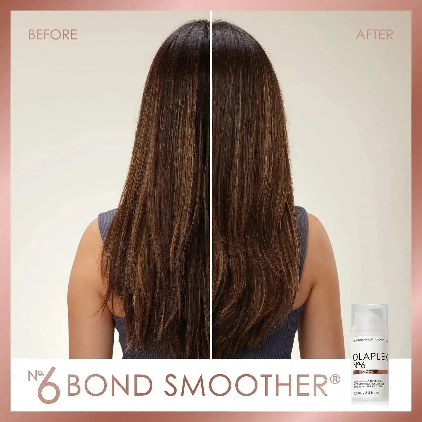 Comparison of hair before and after using Olaplex Nº.6 Bond Smoother, highlighting reduced frizz and improved texture.