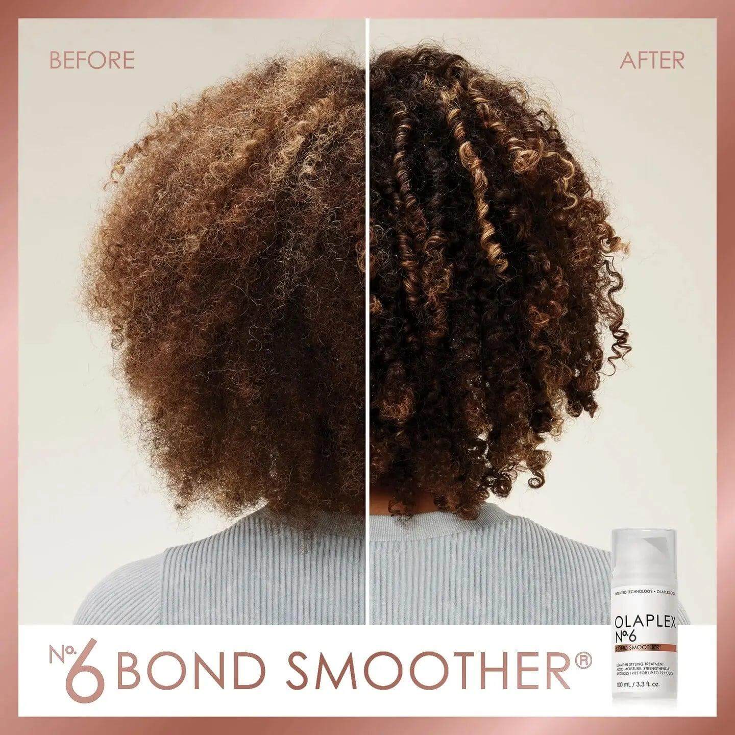 "Olaplex Nº.6 Bond Smoother results before and after on curly hair, reducing frizz and enhancing shine."