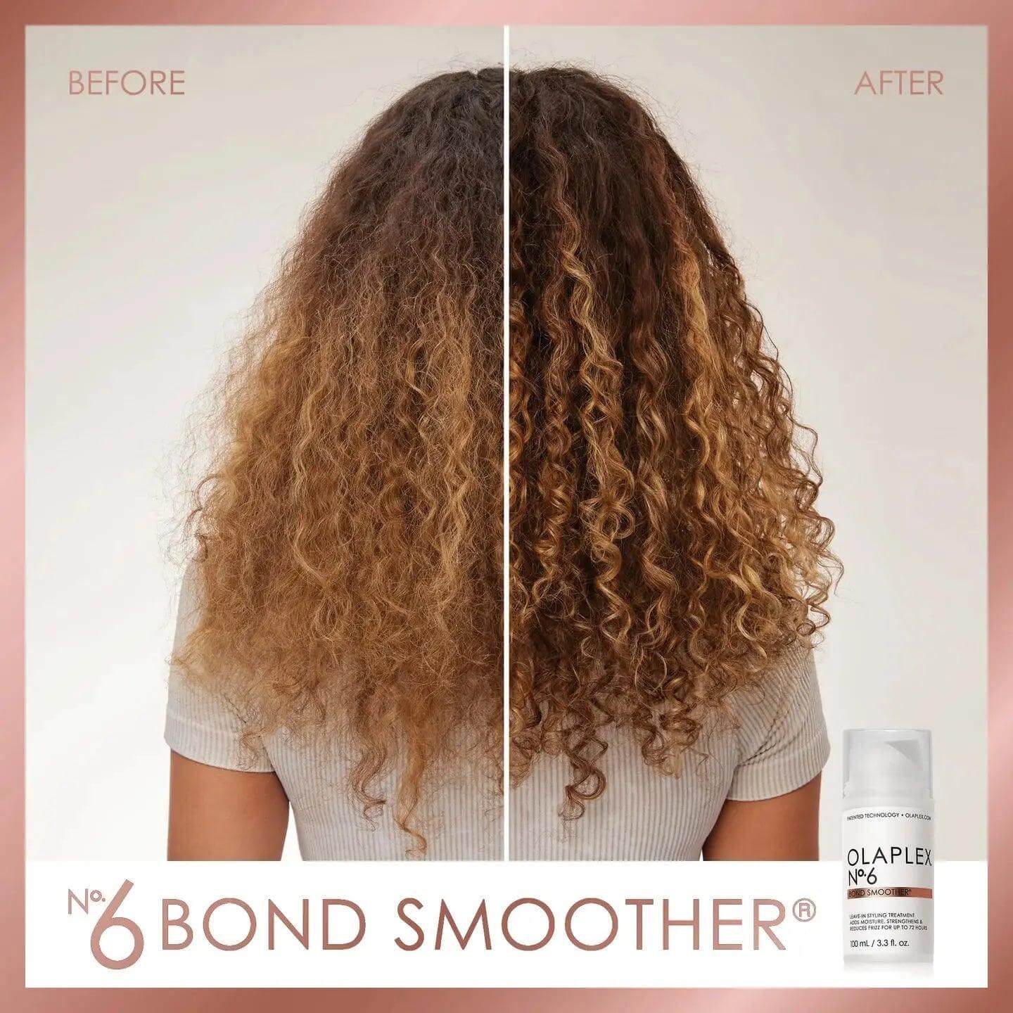 Frizzy hair before and smooth curls after using Olaplex Nº.6 Bond Smoother, showing effectiveness on curly, frizzy hair.