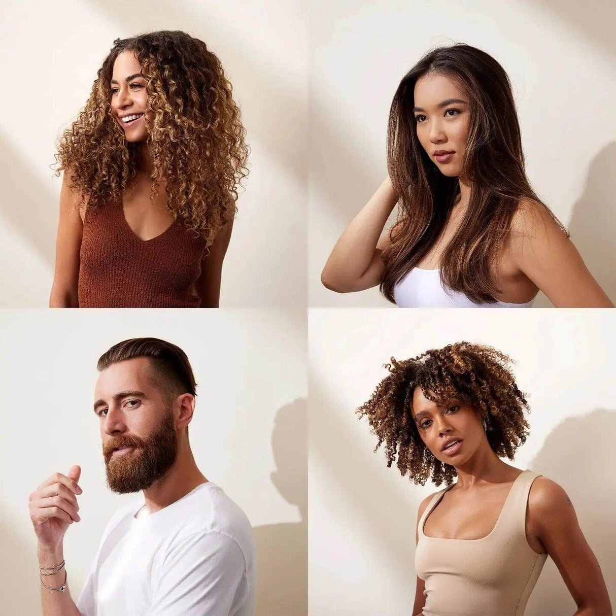 Diverse individuals with varying hair types and textures showcasing healthy, styled hair.
