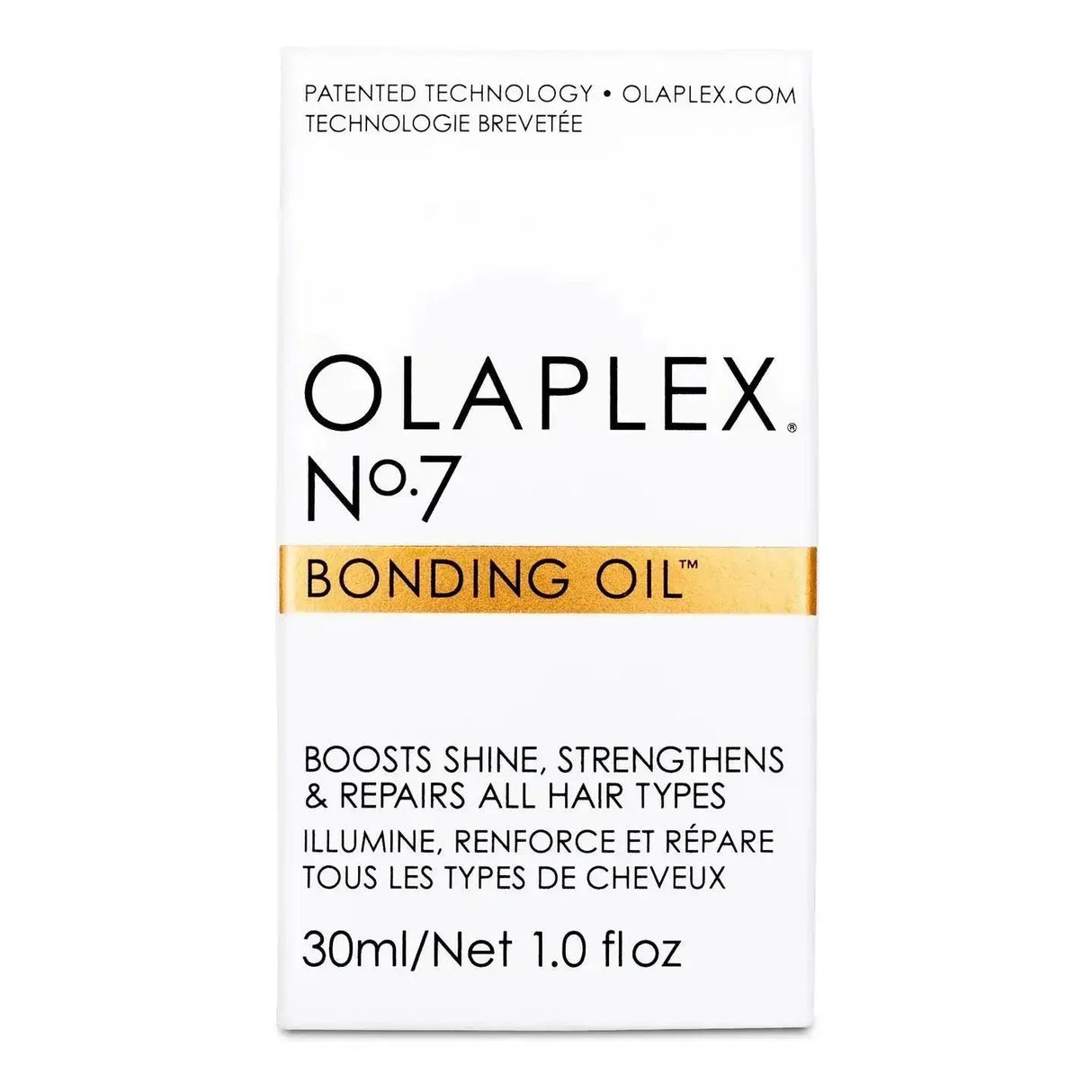 Olaplex Nº.7 Bonding Oil box front view showcasing restorative hair oil for shine and manageability, suitable for all hair types.