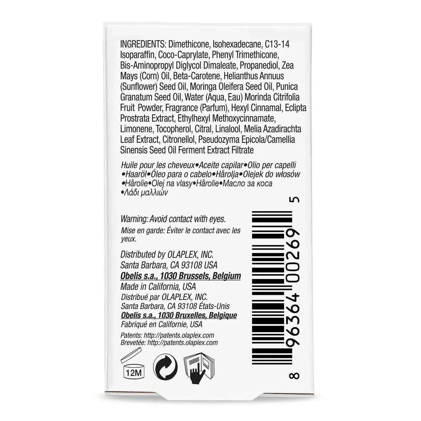 Back of Olaplex Nº.7 Bonding Oil packaging with ingredients list and instructions.