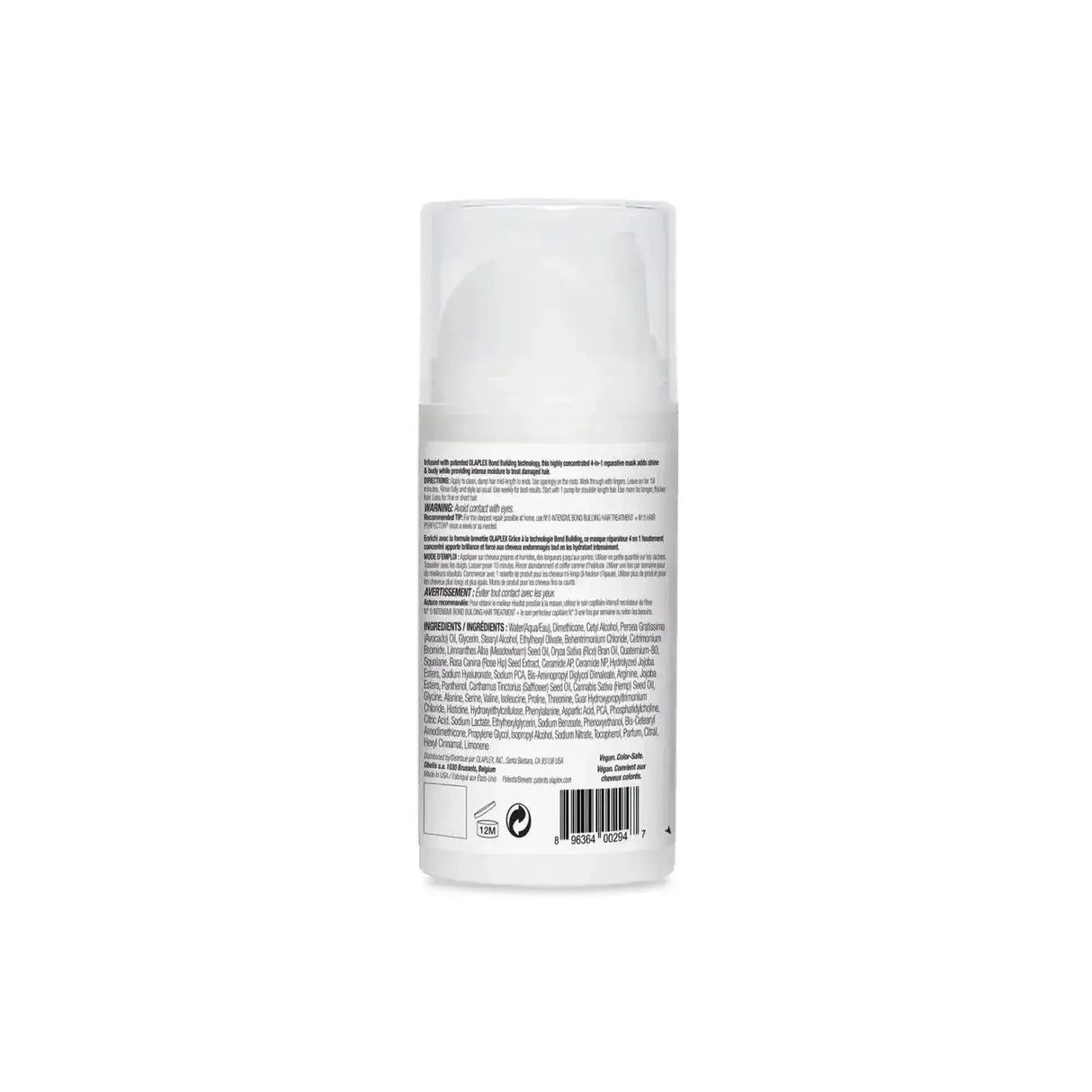 Back view of Olaplex No.8 Bond Intense Moisture Mask bottle showing product ingredients and description.