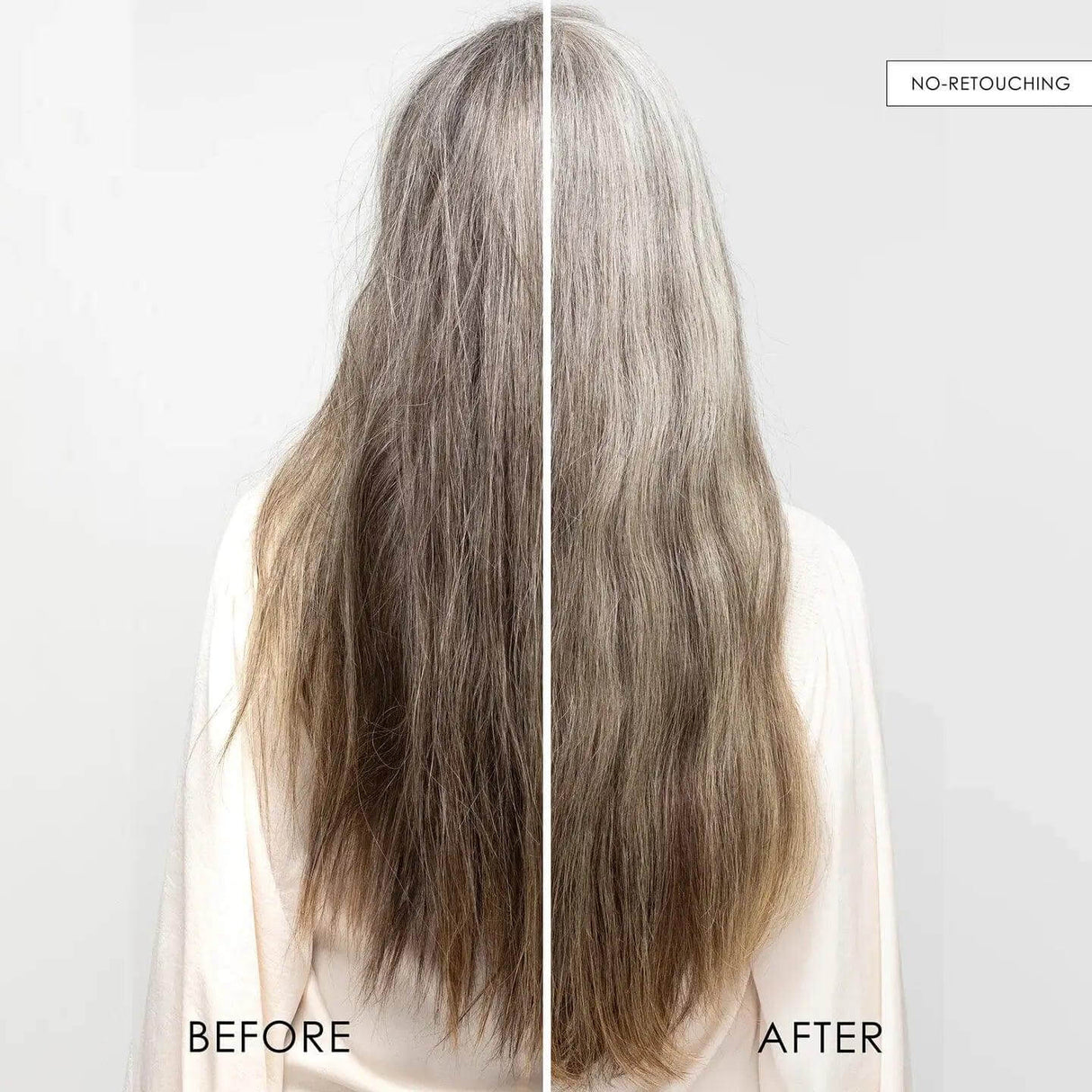 Before and after of hair treated with Olaplex No.8 Bond Intense Moisture Mask, showing enhanced shine and smoothness.