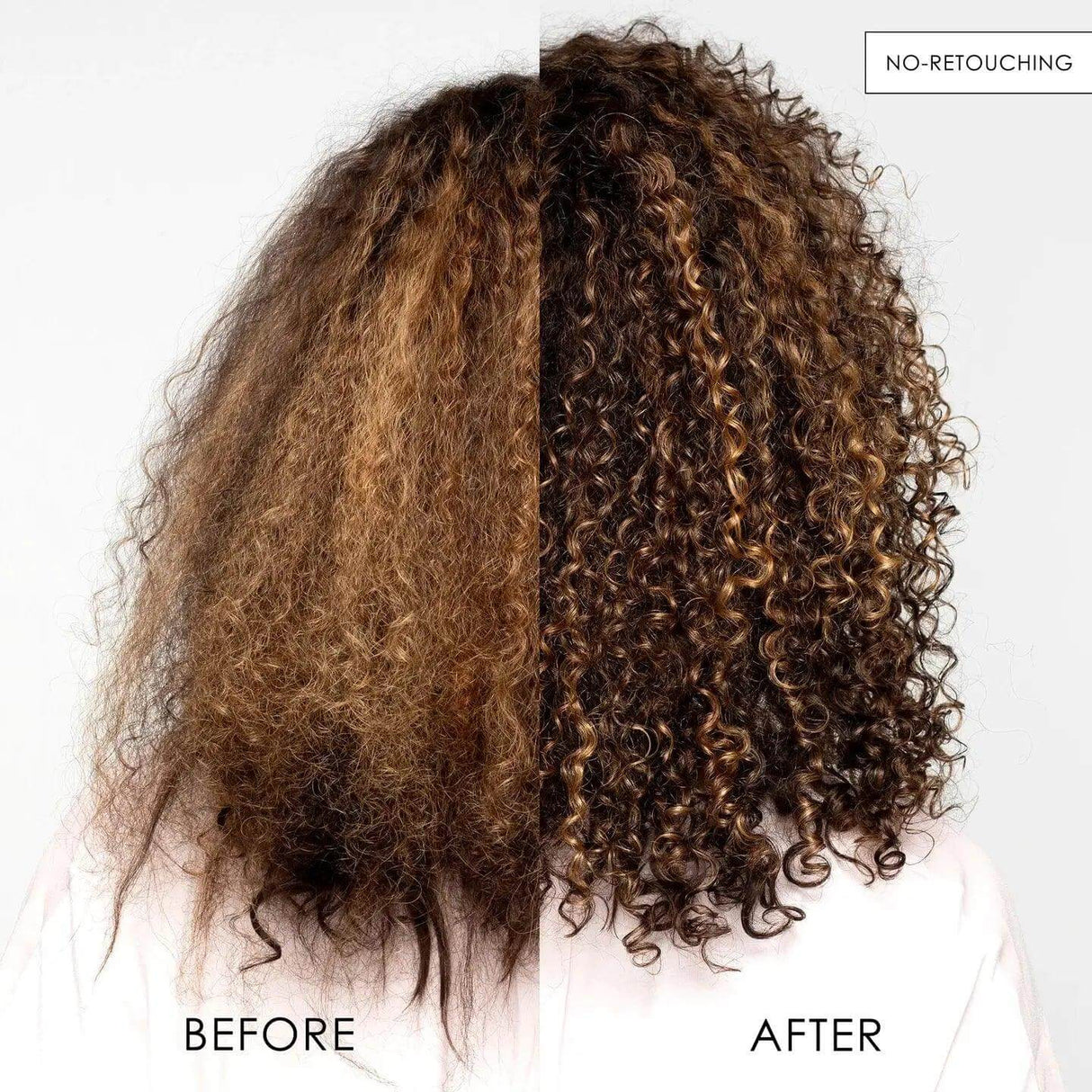Before and after results showing hair transformation with Olaplex Nº.8 Bond Intense Moisture Mask, no retouching.