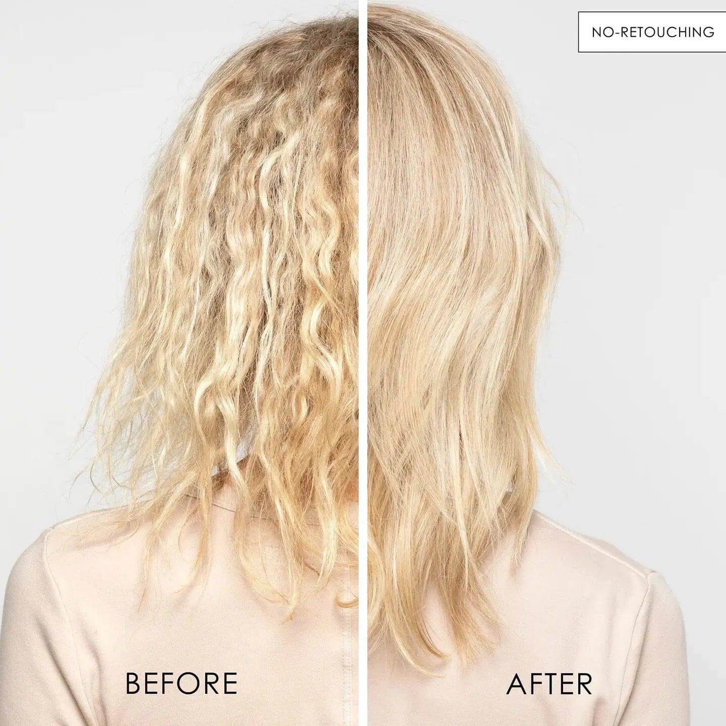 Before and after results using Olaplex No.8 Bond Intense Moisture Mask on damaged hair following treatment.