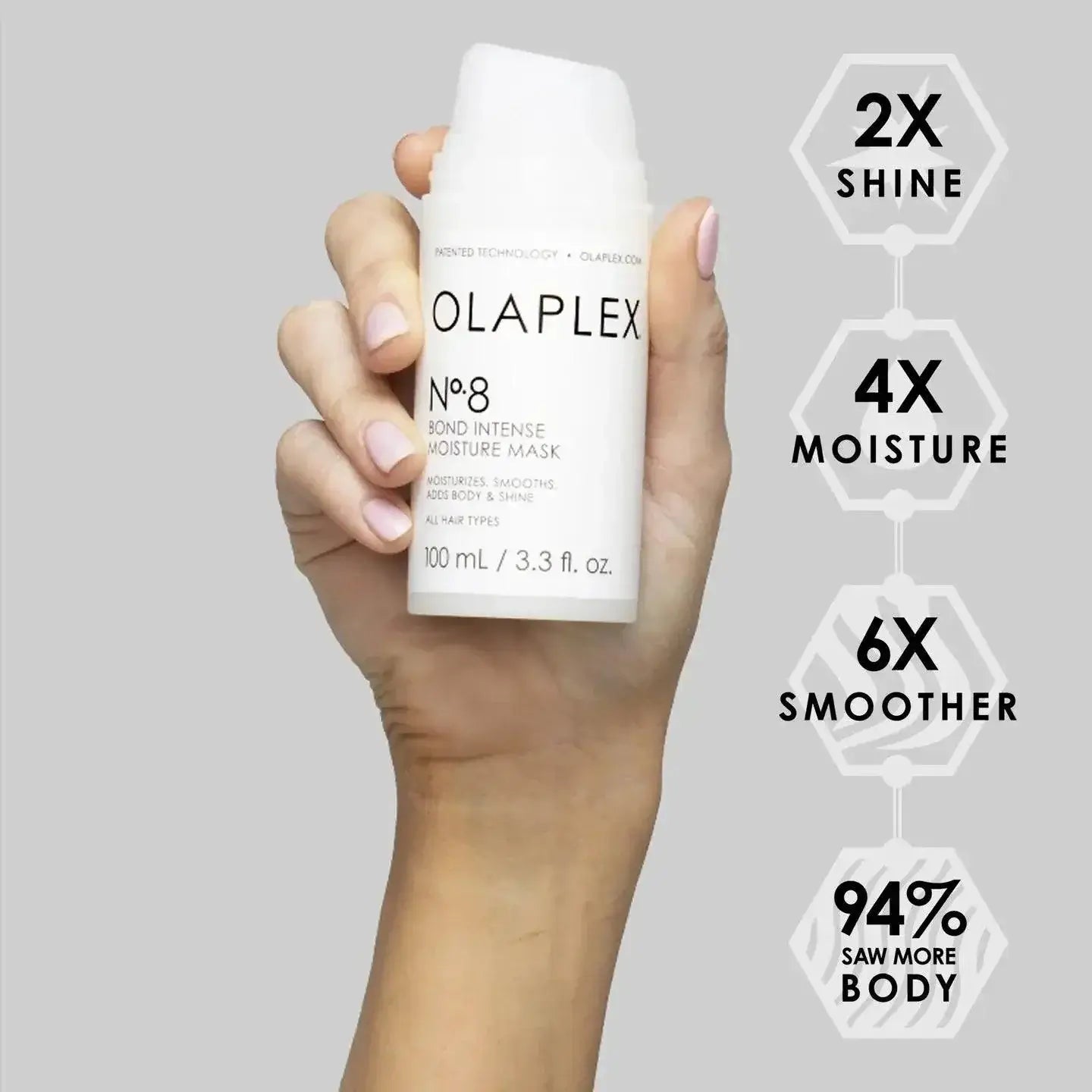 Olaplex Nº.8 Bond Intense Moisture Mask held in hand, promises 2X shine, 4X moisture, 6X smoother hair, and 94% more body.