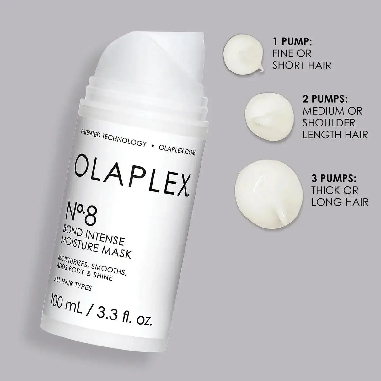 Olaplex No.8 Bond Intense Moisture Mask bottle with application guide for different hair lengths. Nourish and repair damaged hair.