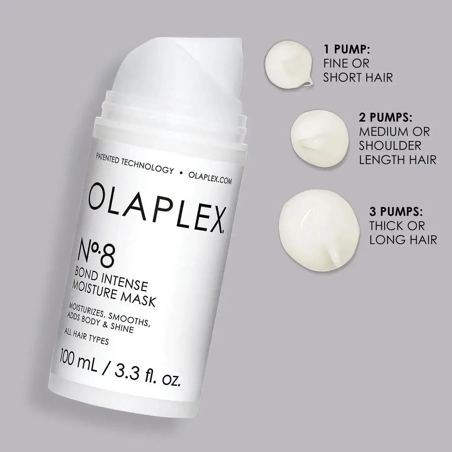 Olaplex No.8 Bond Intense Moisture Mask bottle with application guide for different hair lengths. Nourish and repair damaged hair.