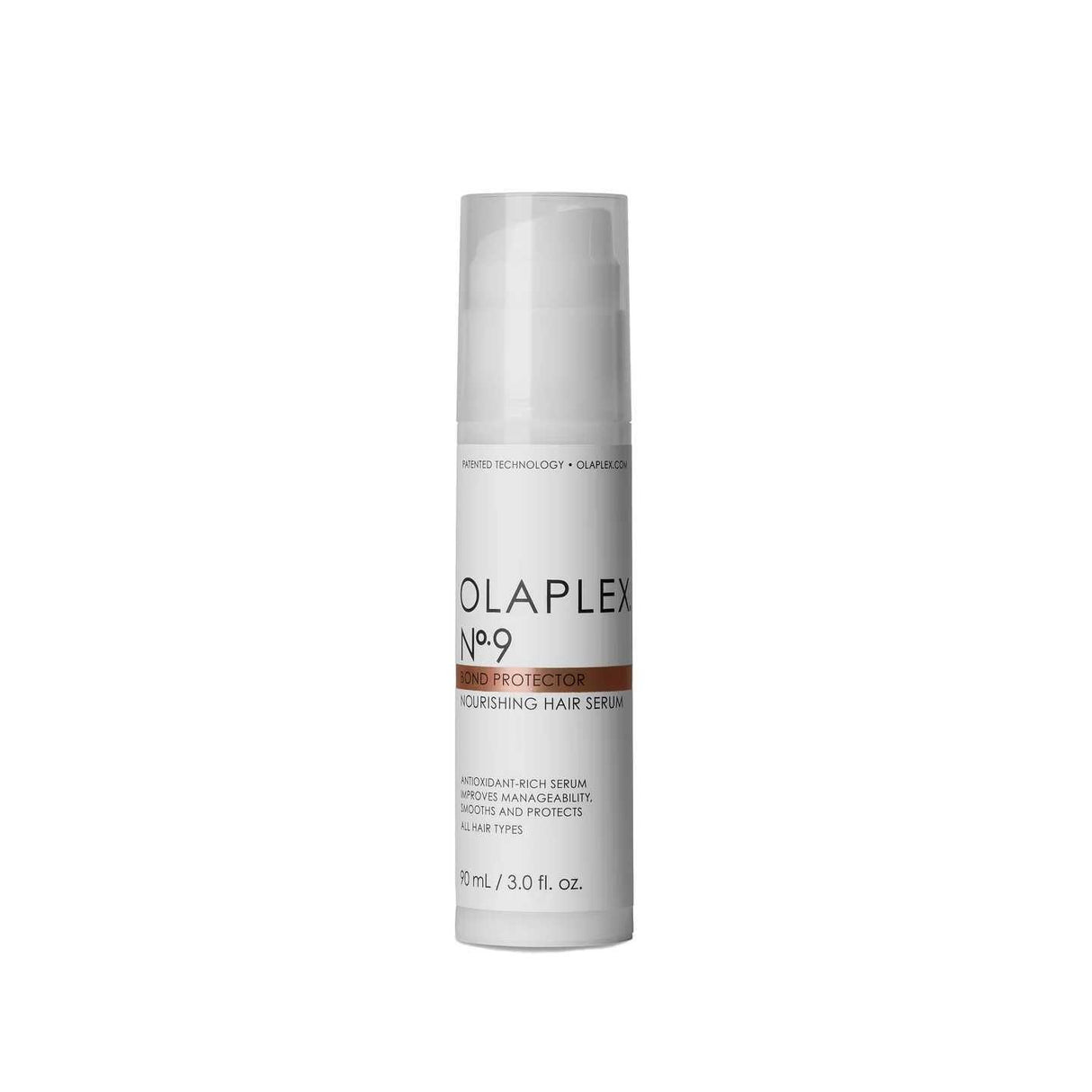 Alt Tag: Nº.9 Bond Protector Nourishing Hair Serum by Olaplex; lightweight reparative serum for all hair types; targets damage and frizz.