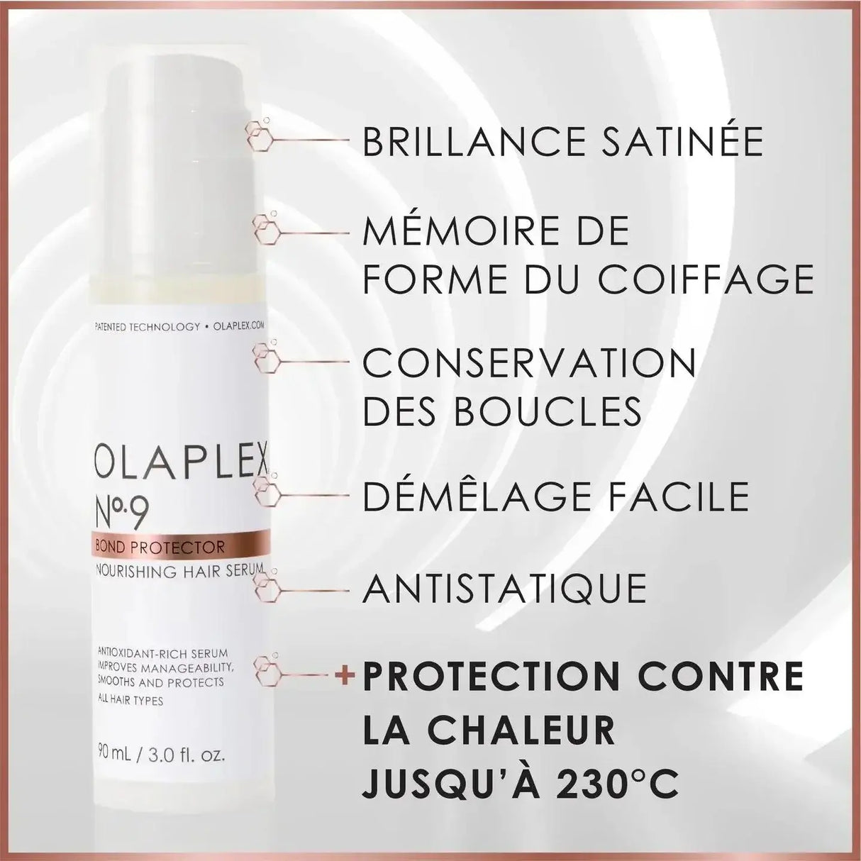 Olaplex No.9 Bond Protector Nourishing Hair Serum with heat protection and benefits in French text background.