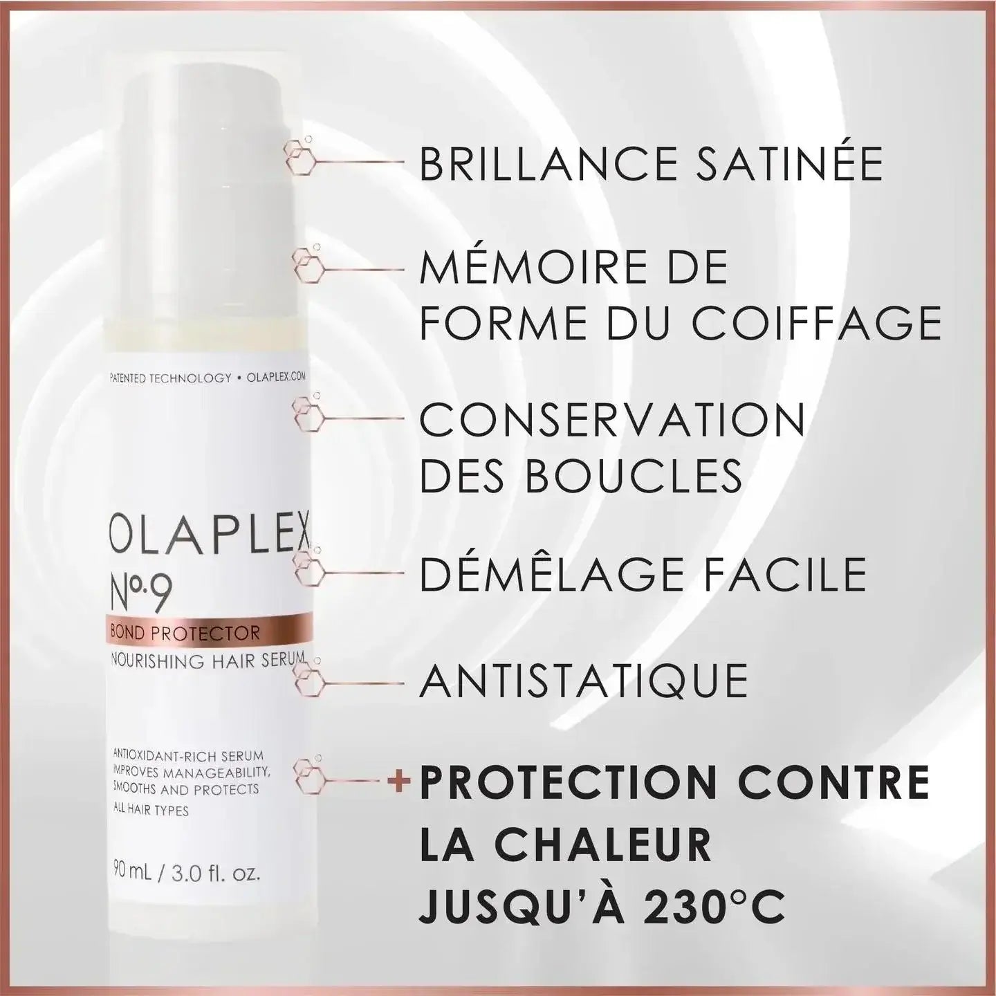 Olaplex No.9 Bond Protector Nourishing Hair Serum with heat protection and benefits in French text background.