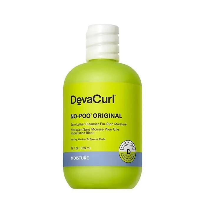 DevaCurl No-Poo Original Zero Lather Cleanser bottle for dry, medium to coarse curls, 12 fl oz, promotes curl flexibility and moisture.