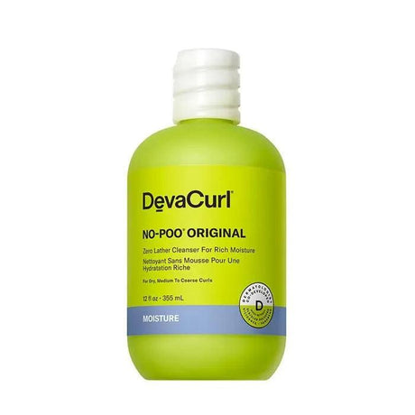 DevaCurl No-Poo Original Zero Lather Cleanser bottle for dry, medium to coarse curls, 12 fl oz, promotes curl flexibility and moisture.