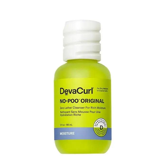 DevaCurl No-Poo Original Zero Lather Cleanser bottle for dry curls, featuring rich moisture formula, 3 fl oz size.