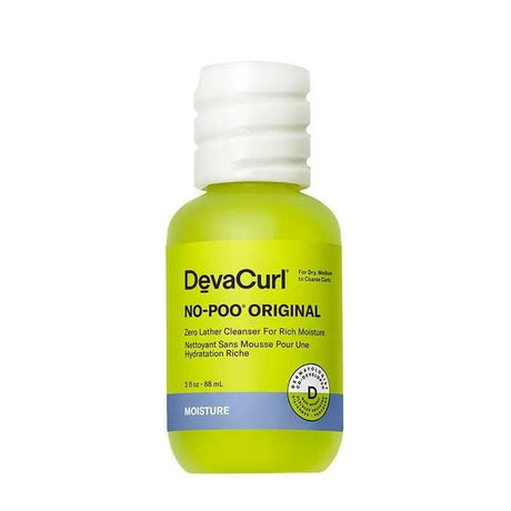 DevaCurl No-Poo Original Zero Lather Cleanser bottle for dry curls, featuring rich moisture formula, 3 fl oz size.