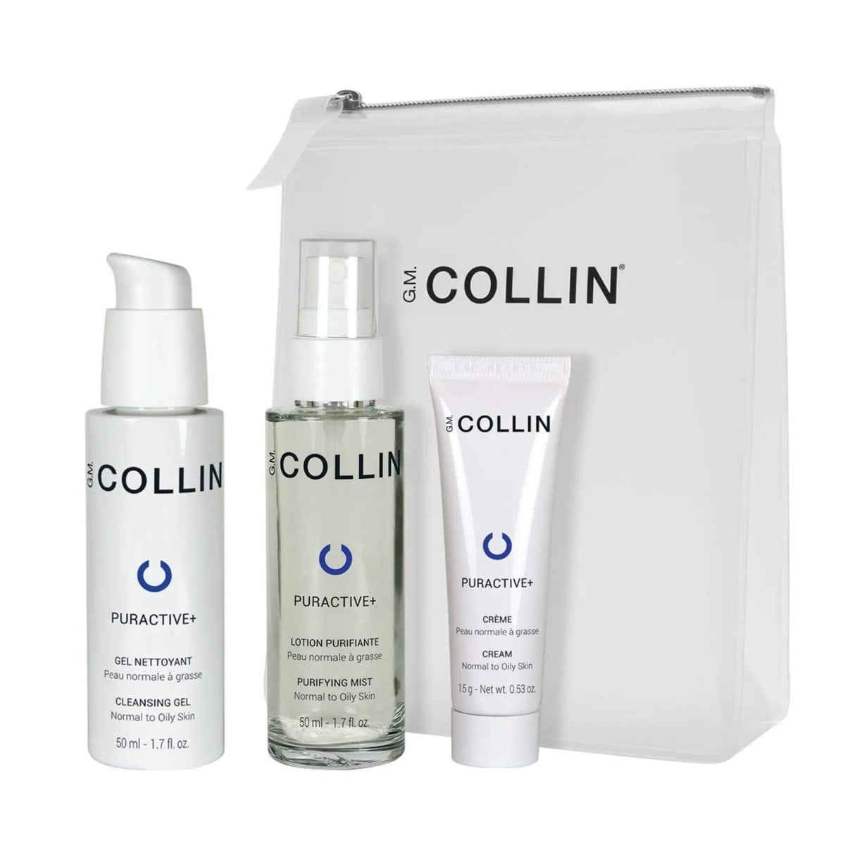 G.M. Collin Normalizing Travel Kit with Cleansing Gel, Purifying Mist, and Cream for gentle skin detoxification.