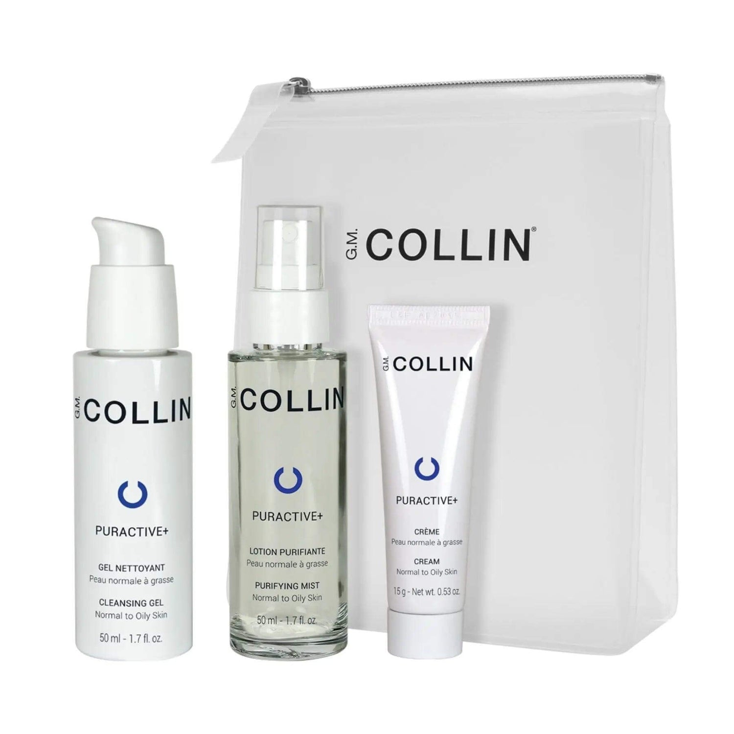 G.M. Collin Normalizing Travel Kit with Cleansing Gel, Purifying Mist, and Cream for gentle skin detoxification.